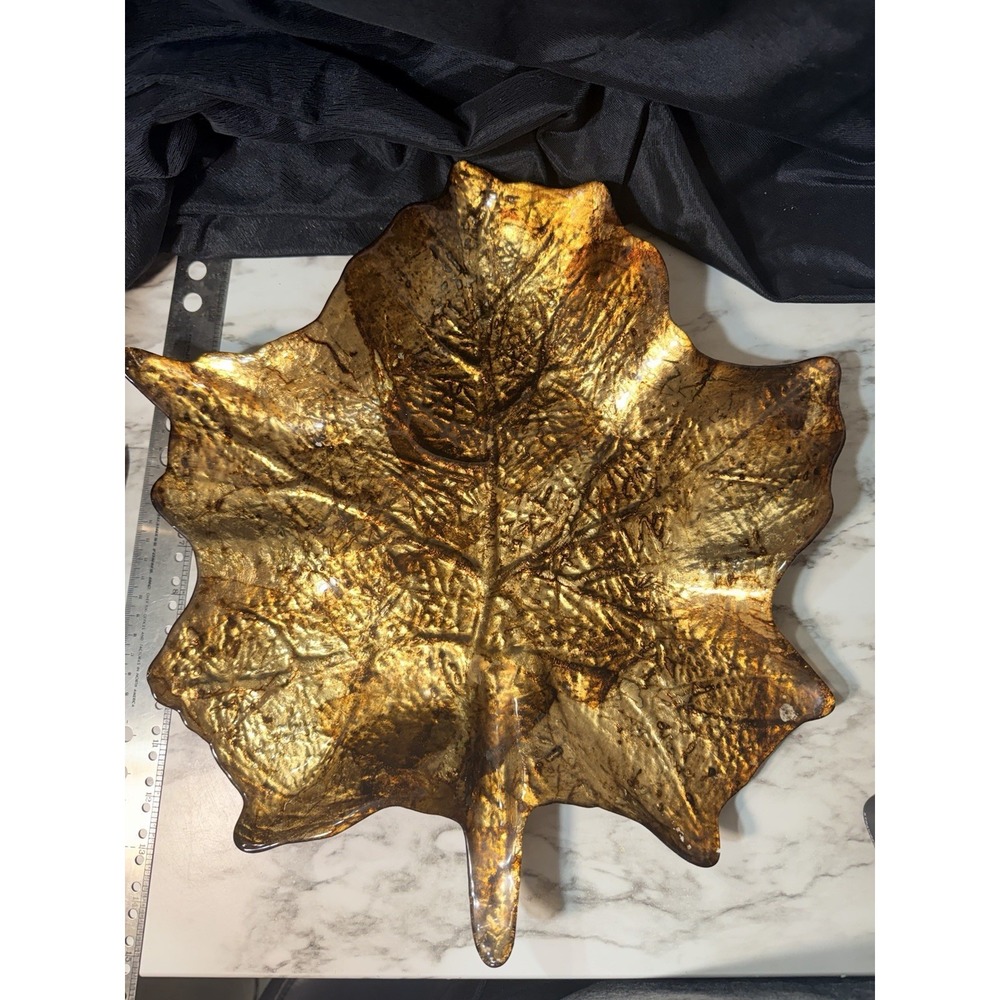 VTG Maple Leaf Glass And Metal Dish Tray Fall Decor (P2914)